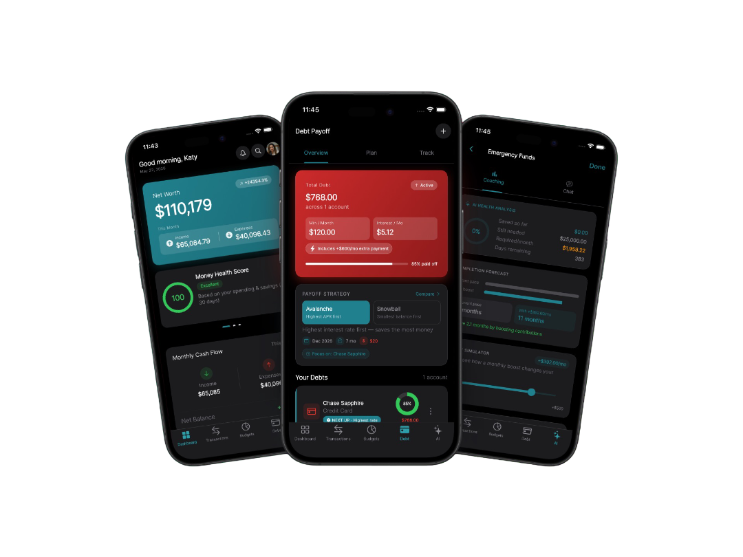 Finmate app — Dashboard, Debt Payoff, and Emergency Funds screens